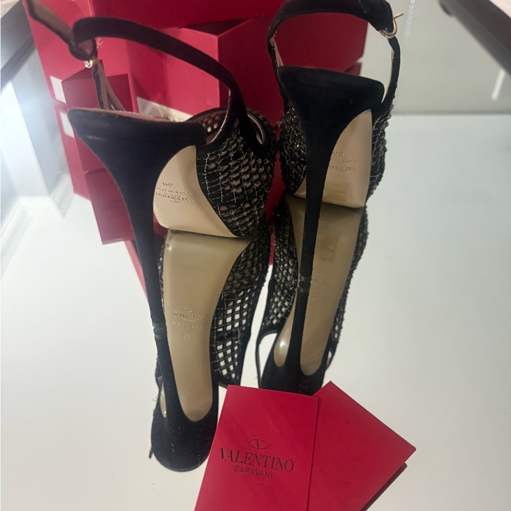 Valentino Black and Silver Mesh Slingback Heels - Picture 7 of 8
